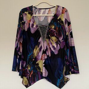 Floral Beaded Long Sleeve Asymmetrical Front Colorful Tunic Size L